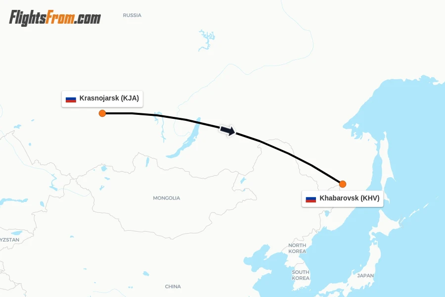Flights from Krasnojarsk to Khabarovsk route map