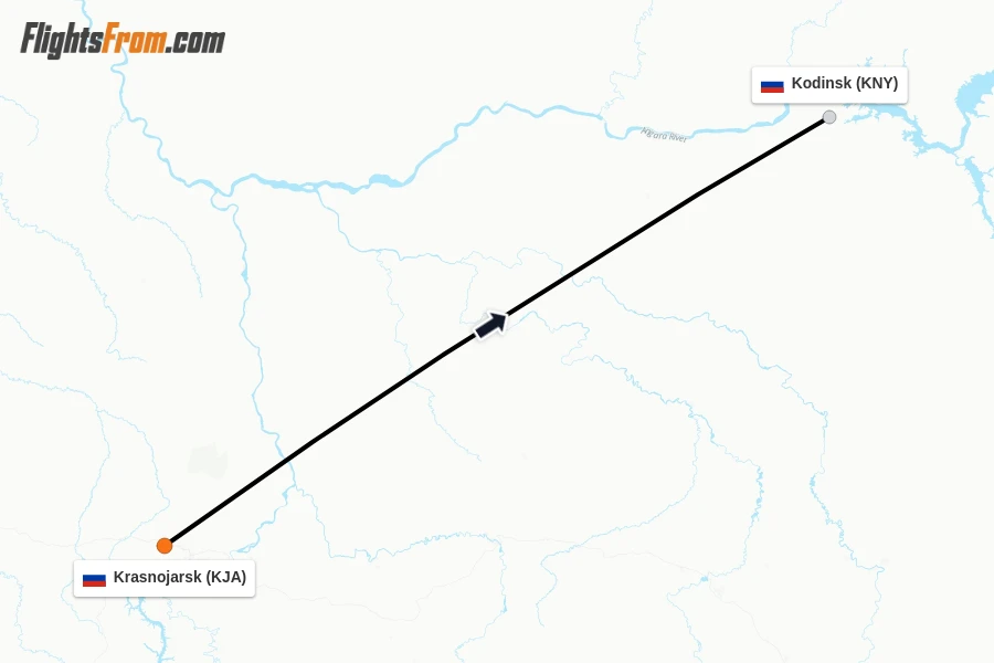 Flights from Krasnojarsk to Kodinsk route map