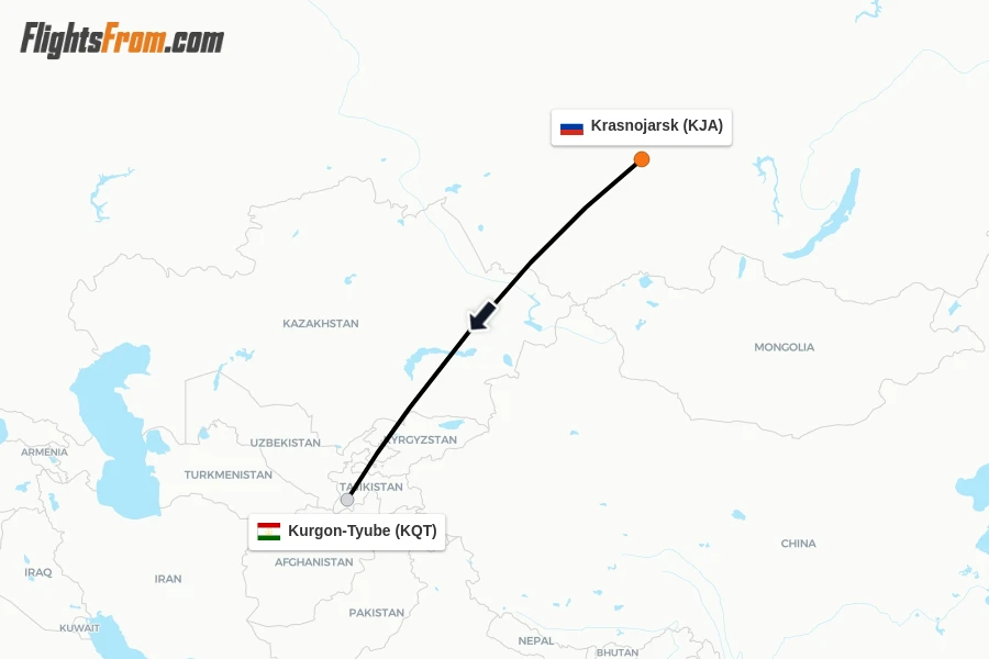 Flights from Krasnojarsk to Kurgon-Tyube route map