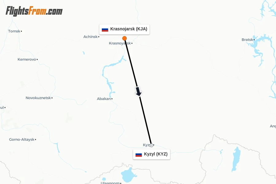 Flights from Krasnojarsk to Kyzyl route map