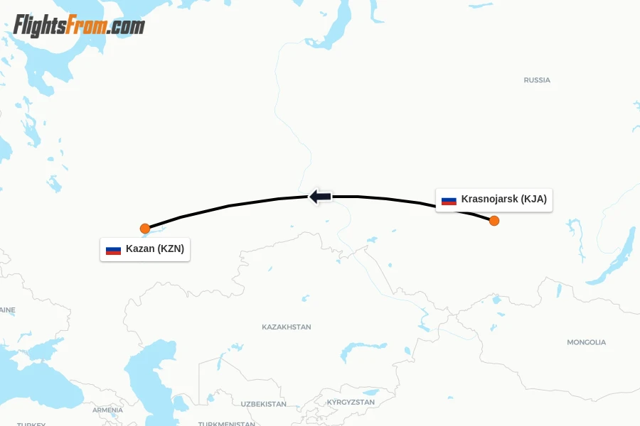 Flights from Krasnojarsk to Kazan route map