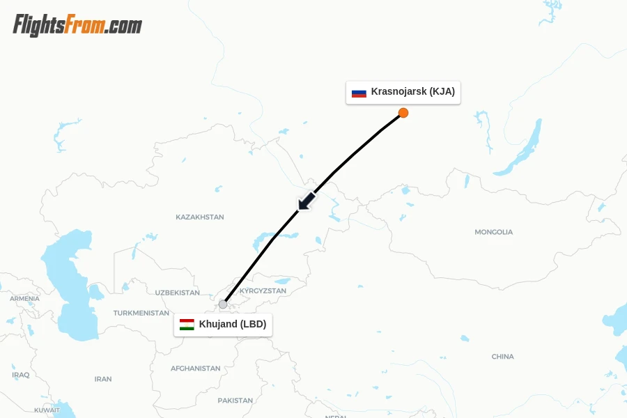 Flights from Krasnojarsk to Khujand route map