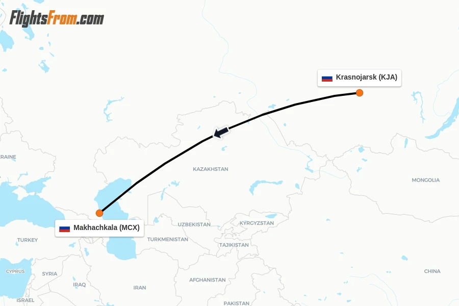 Flights from Krasnojarsk to Makhachkala route map