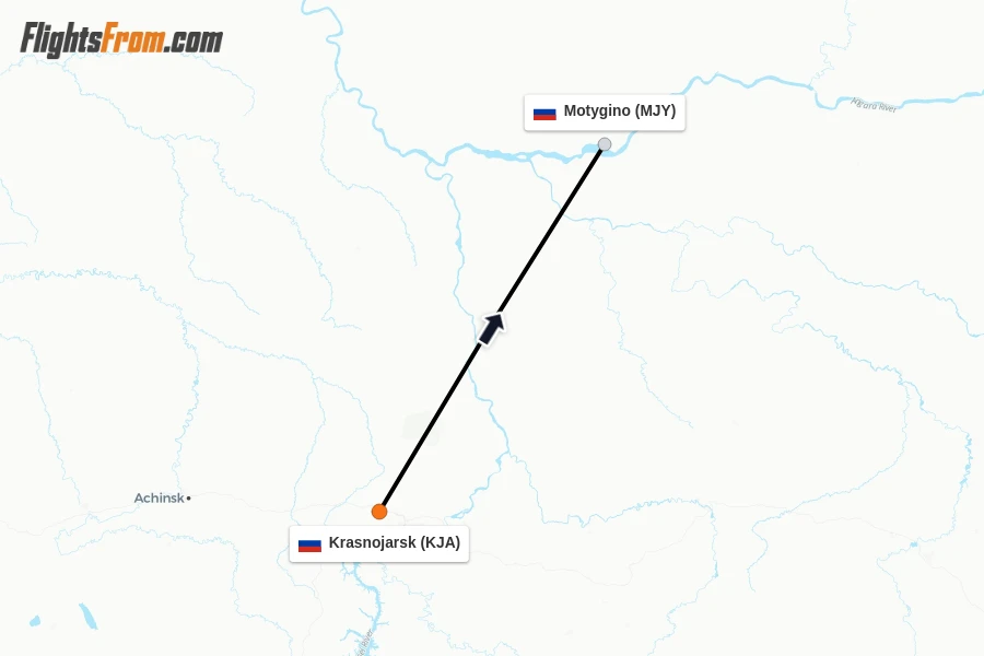 Flights from Krasnojarsk to Motygino route map