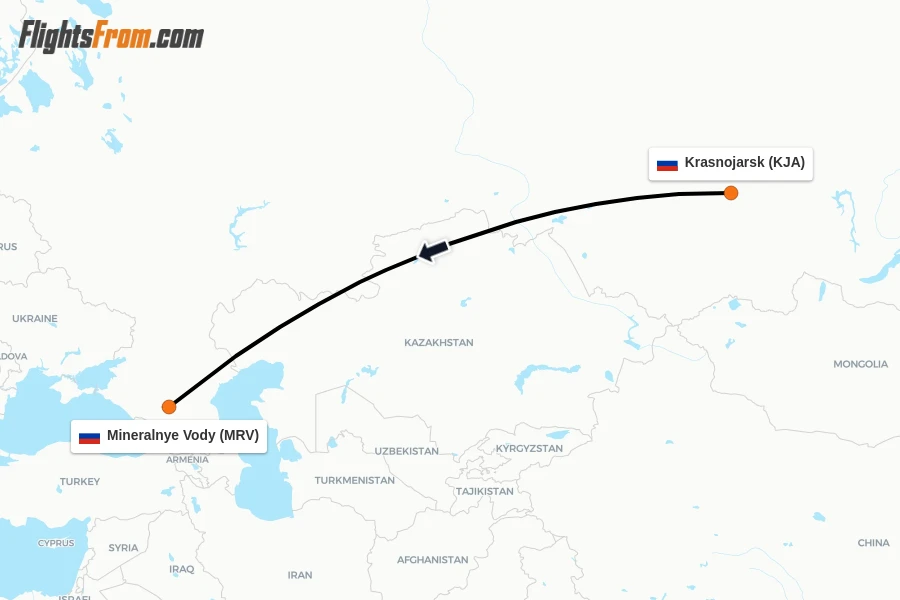 Flights from Krasnojarsk to Mineralnye Vody route map