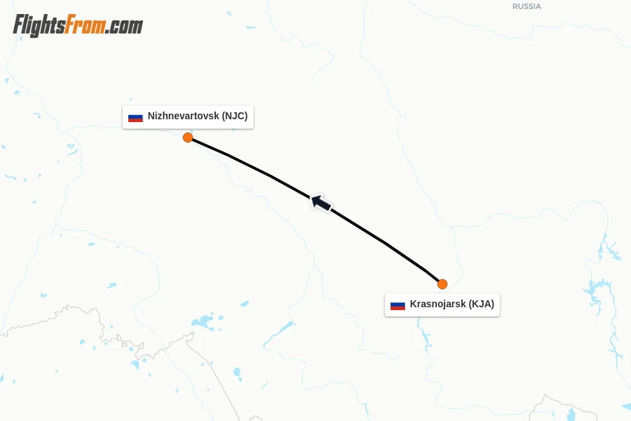 Flights from Krasnojarsk to Nizhnevartovsk route map