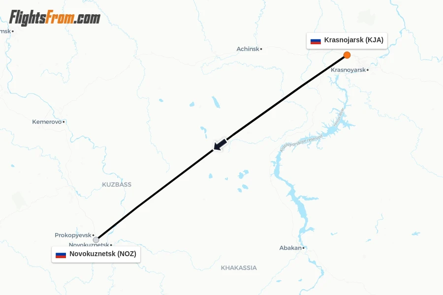Flights from Krasnojarsk to Novokuznetsk route map