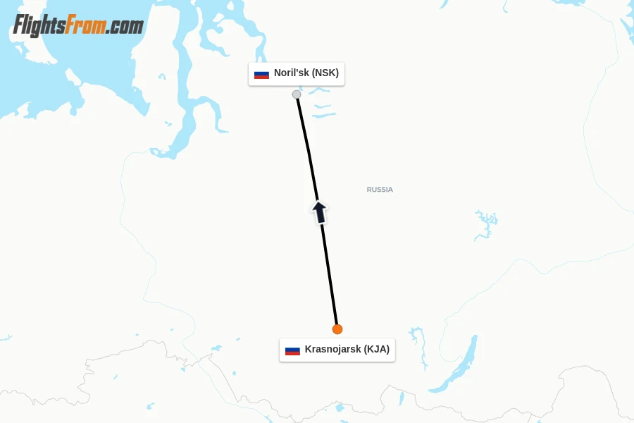 Flights from Krasnojarsk to Noril'sk route map