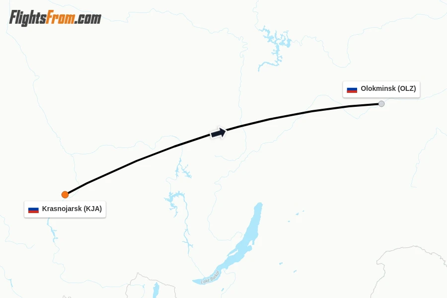 Flights from Krasnojarsk to Olokminsk route map
