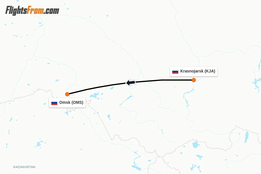 Flights from Krasnojarsk to Omsk route map