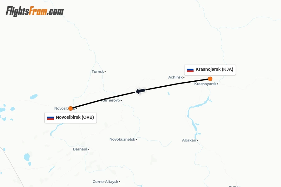 Flights from Krasnojarsk to Novosibirsk route map