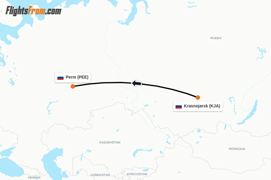 Flights from Krasnojarsk to Perm route map