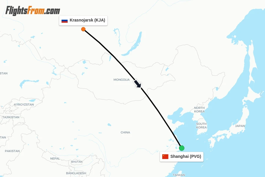 Flights from Krasnojarsk to Shanghai route map