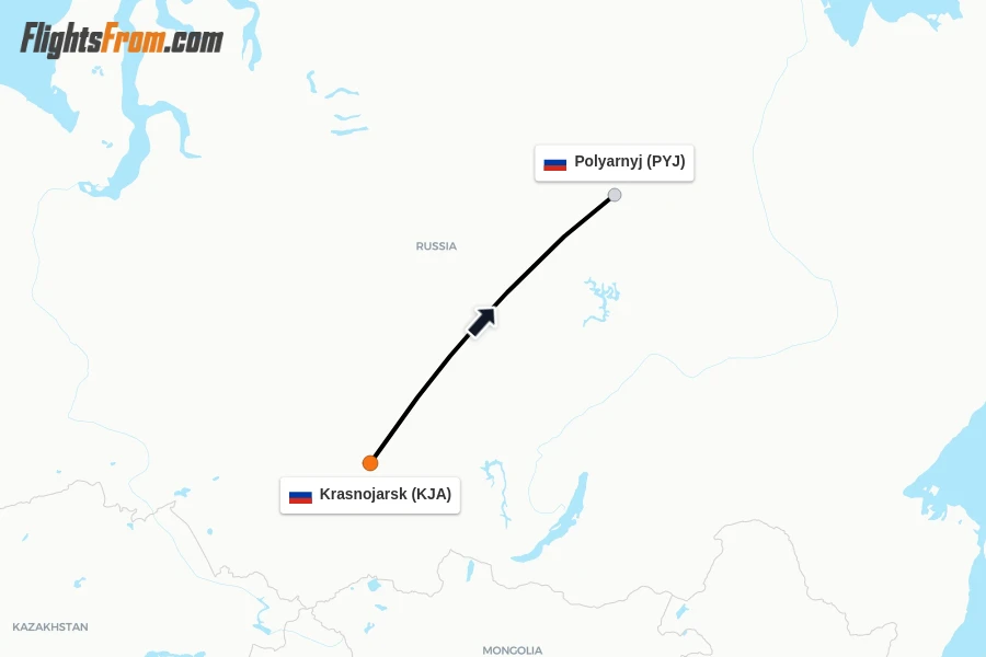 Flights from Krasnojarsk to Polyarnyj route map
