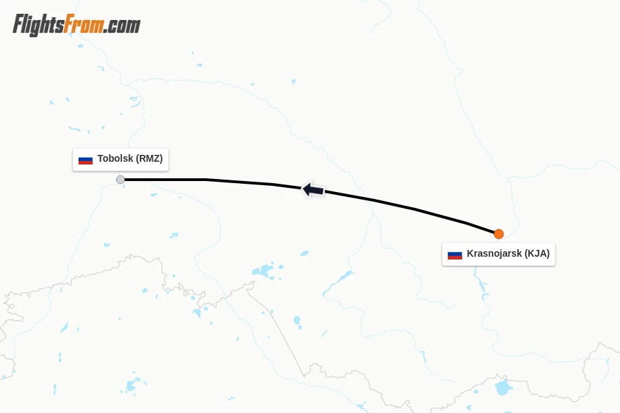 Flights from Krasnojarsk to Tobolsk route map