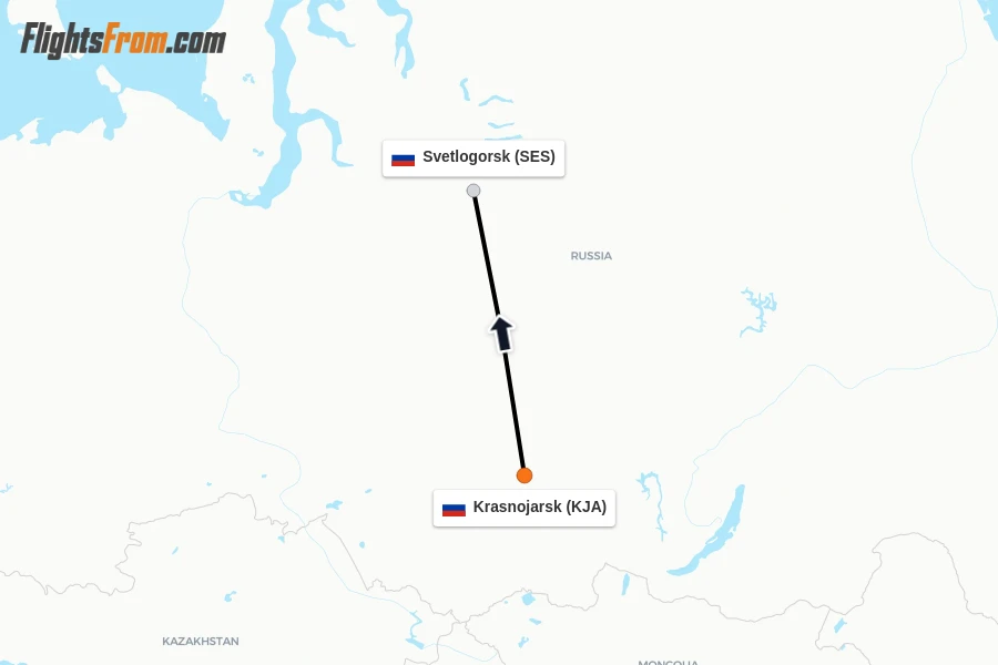 Flights from Krasnojarsk to Svetlogorsk route map