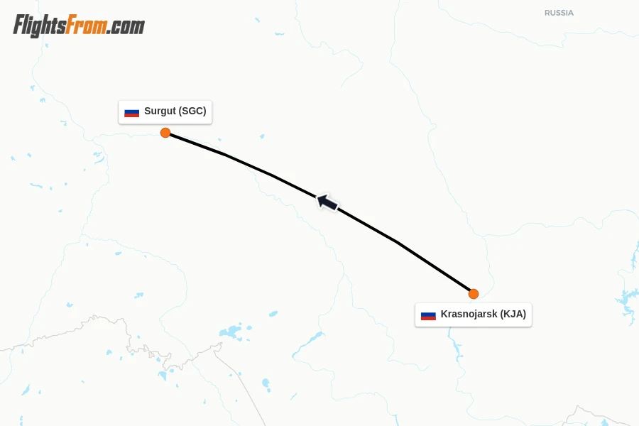 Flights from Krasnojarsk to Surgut route map