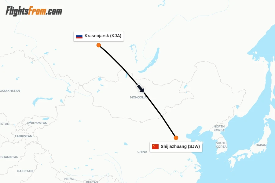 Flights from Krasnojarsk to Shijiazhuang route map