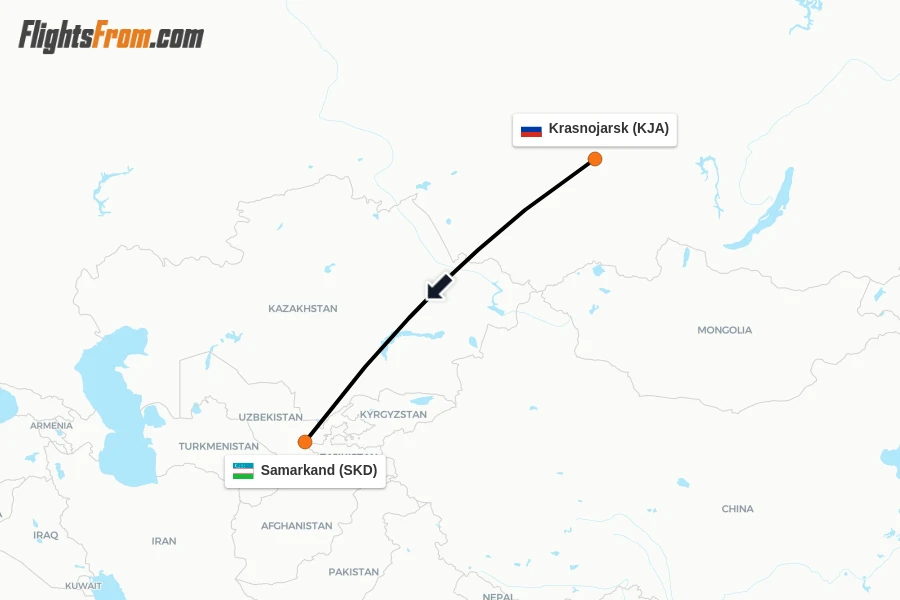 Flights from Krasnojarsk to Samarkand route map
