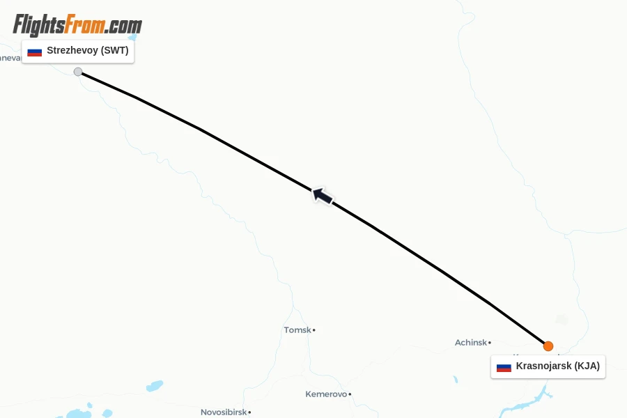 Flights from Krasnojarsk to Strezhevoy route map