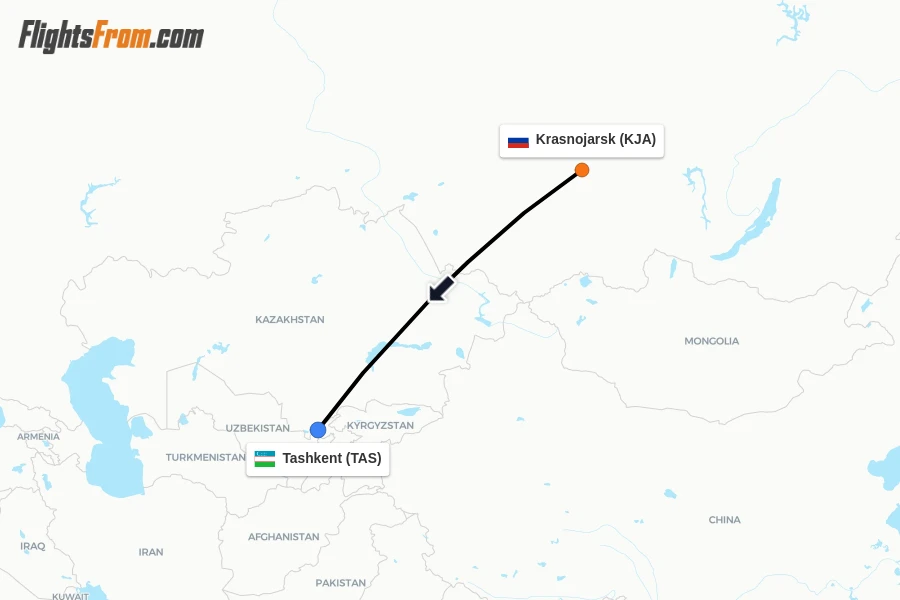Flights from Krasnojarsk to Tashkent route map