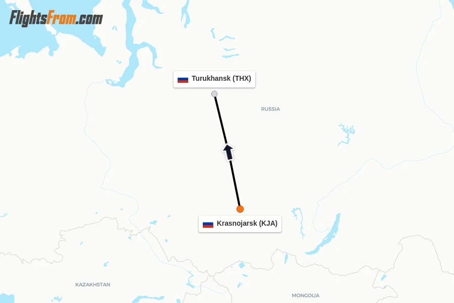 Flights from Krasnojarsk to Turukhansk route map