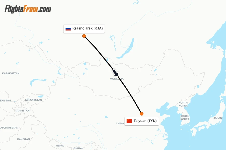 Flights from Krasnojarsk to Taiyuan route map