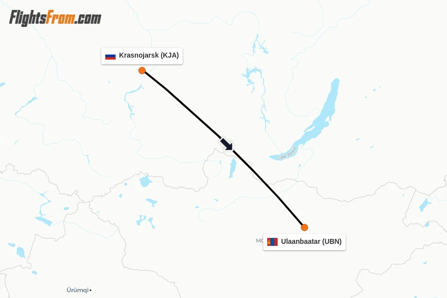 Flights from Krasnojarsk to Ulaanbaatar route map