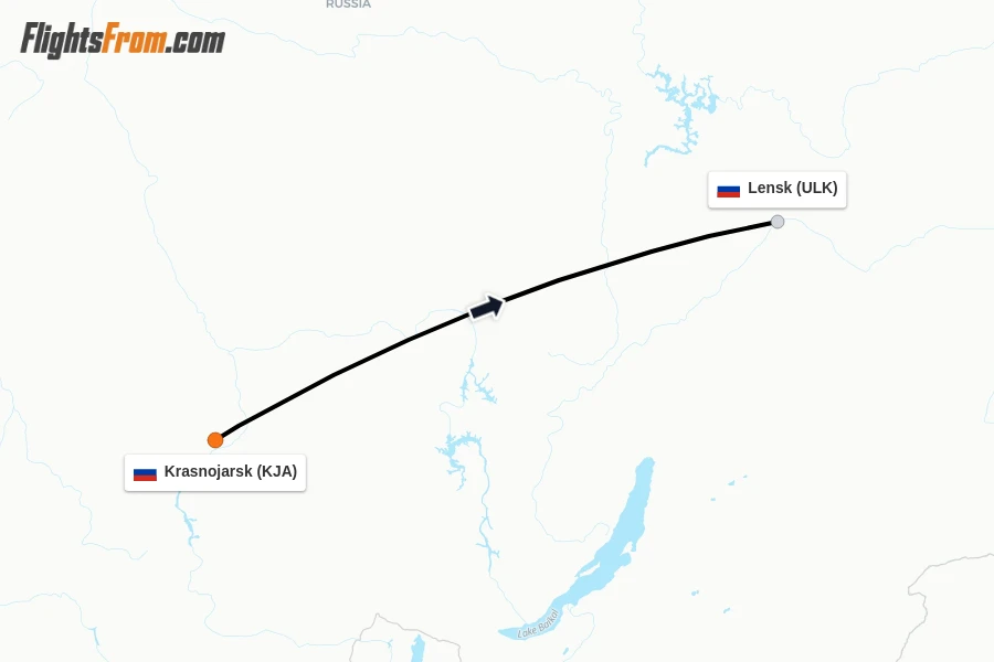 Flights from Krasnojarsk to Lensk route map