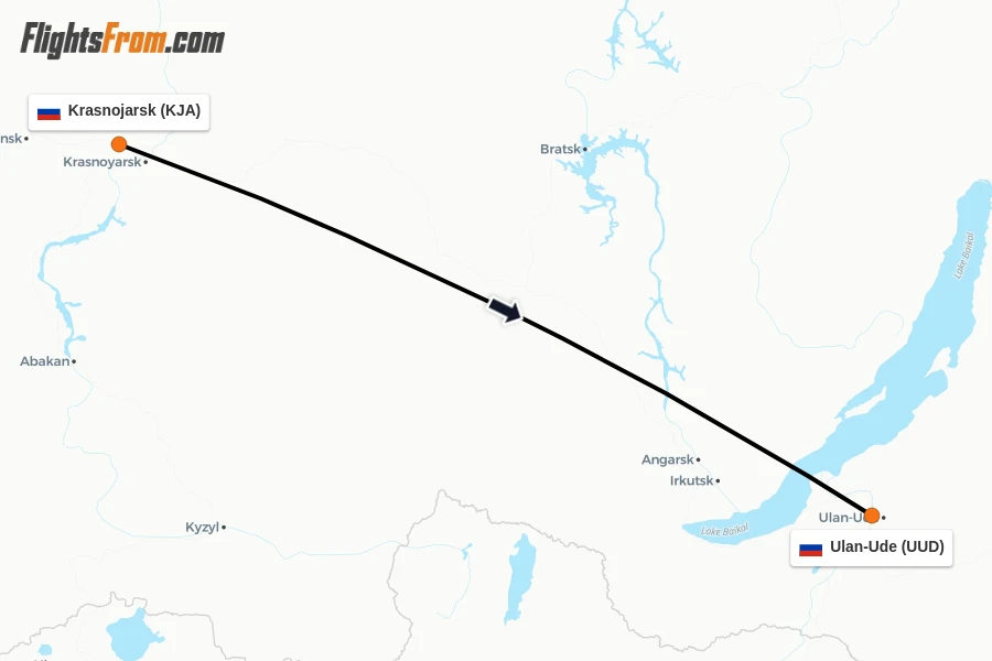 Flights from Krasnojarsk to Ulan-Ude route map