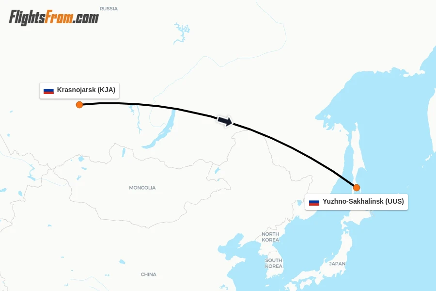Flights from Krasnojarsk to Yuzhno-Sakhalinsk route map