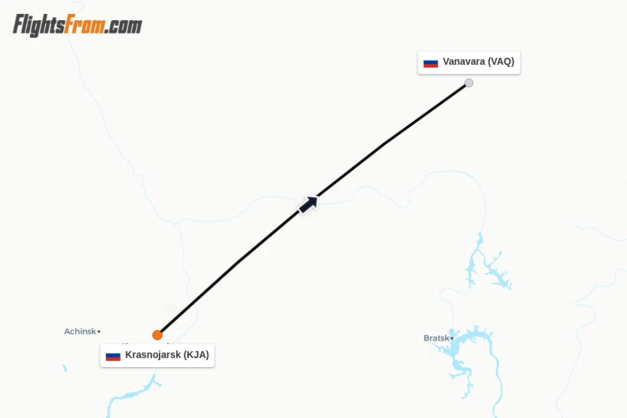 Flights from Krasnojarsk to Vanavara route map