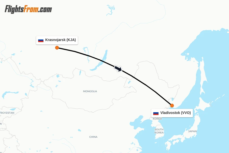 Flights from Krasnojarsk to Vladivostok route map