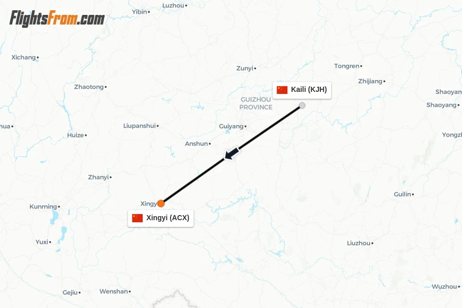 Flights from Kaili to Xingyi route map