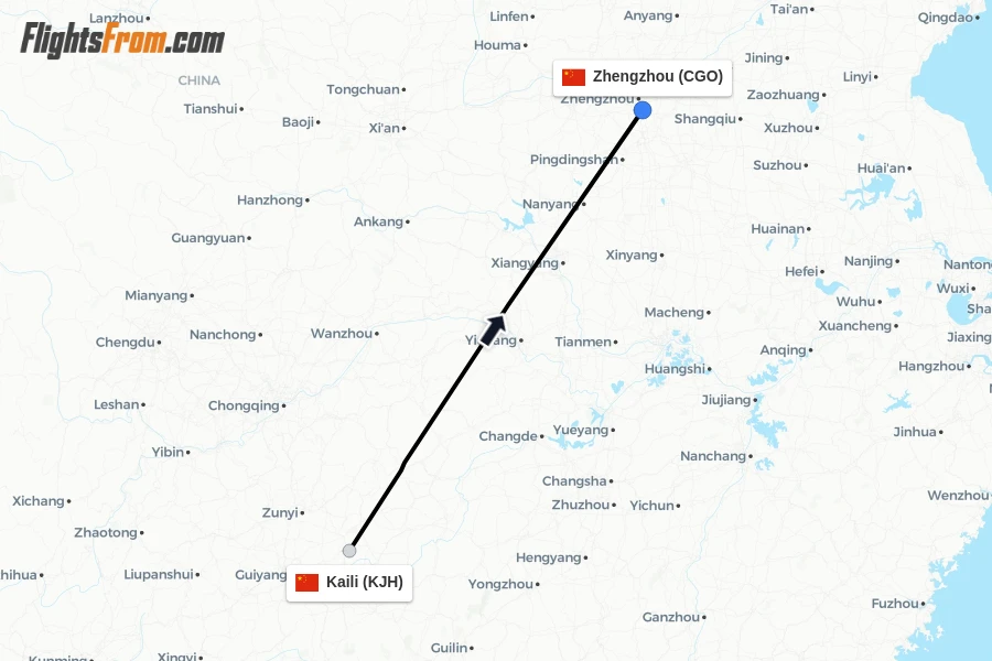 Flights from Kaili to Zhengzhou route map