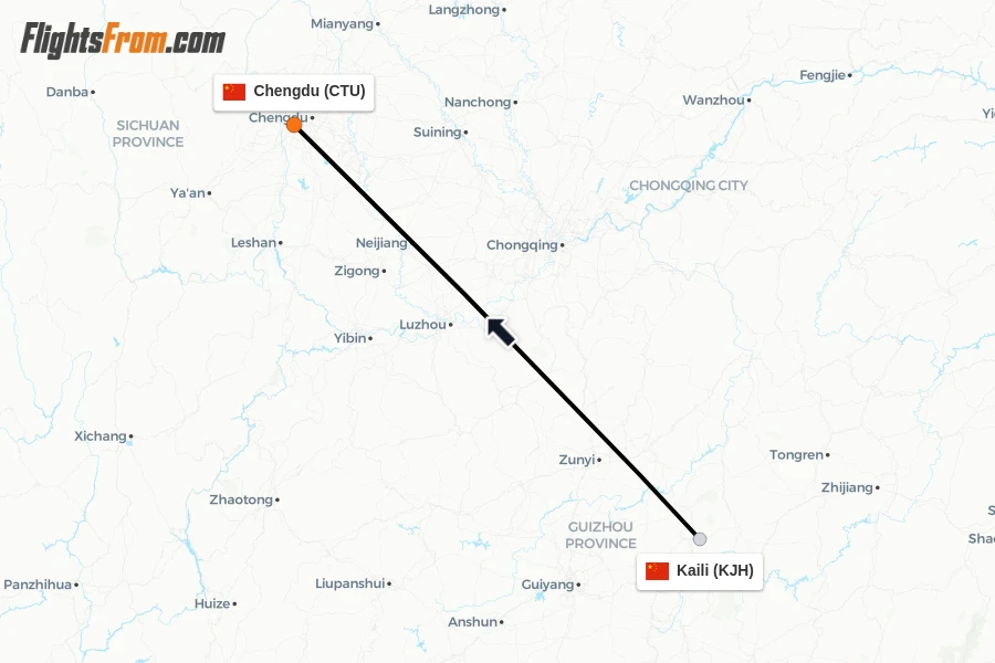 Flights from Kaili to Chengdu route map