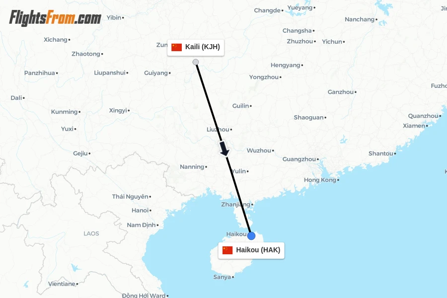 Flights from Kaili to Haikou route map