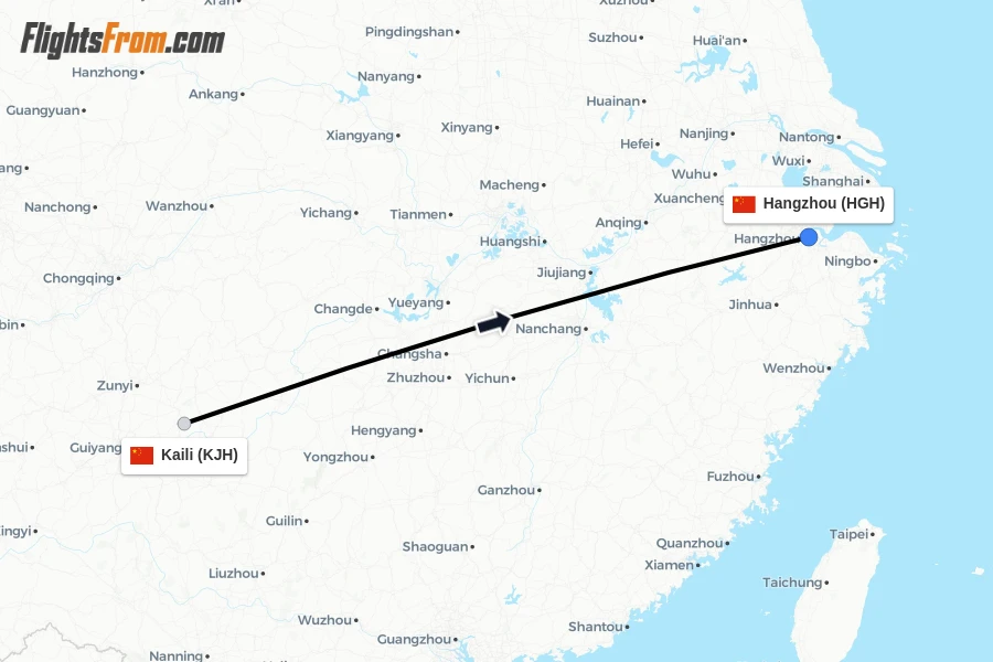 Flights from Kaili to Hangzhou route map