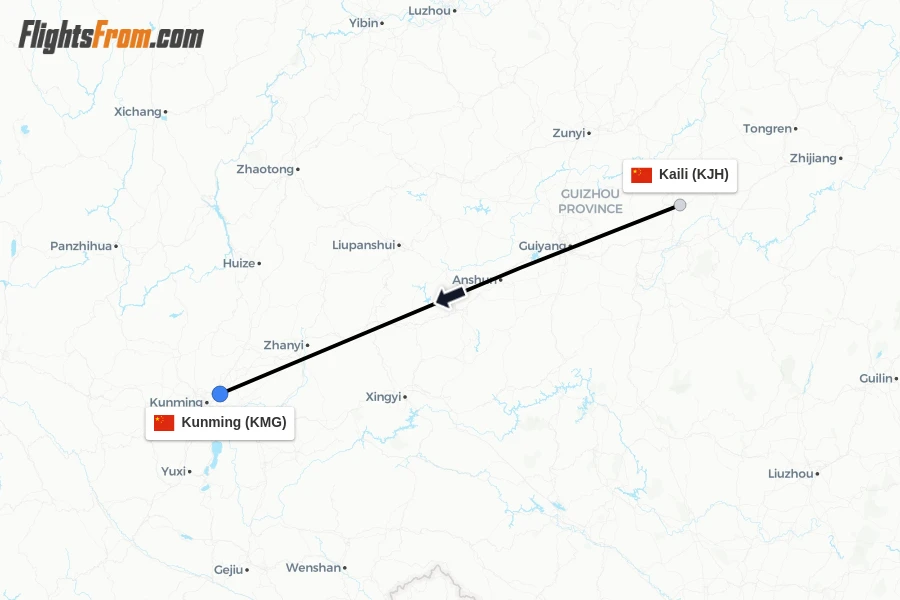 Flights from Kaili to Kunming route map