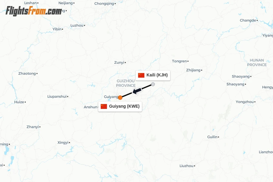 Flights from Kaili to Guiyang route map