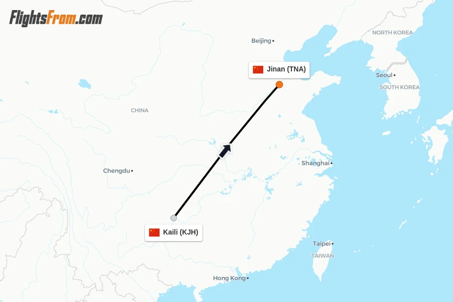 Flights from Kaili to Jinan route map