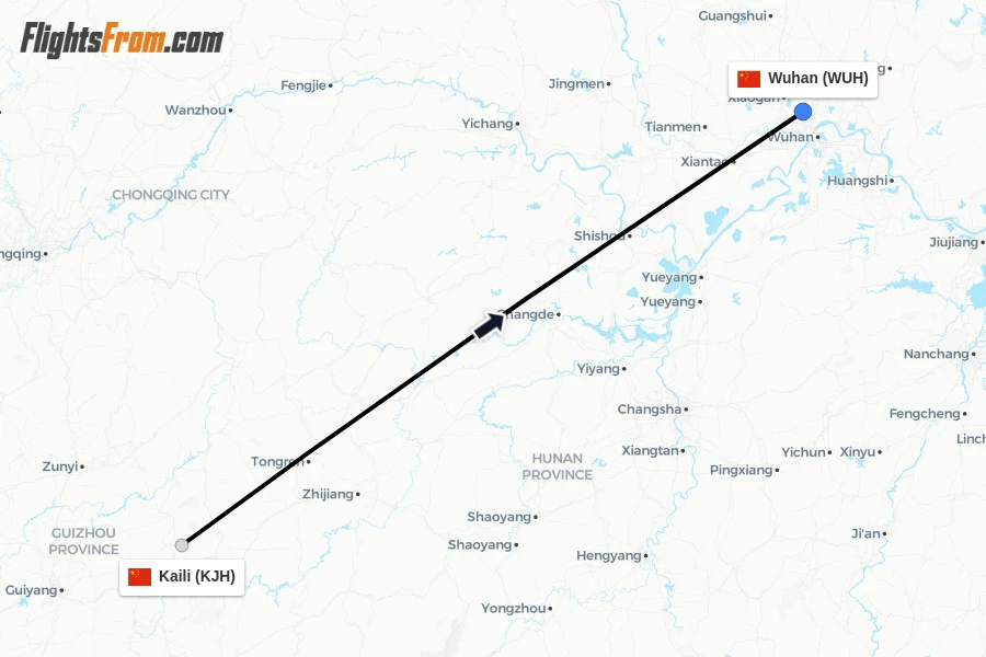 Flights from Kaili to Wuhan route map