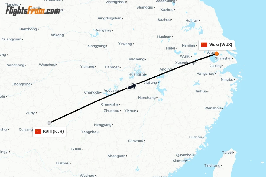 Flights from Kaili to Wuxi route map