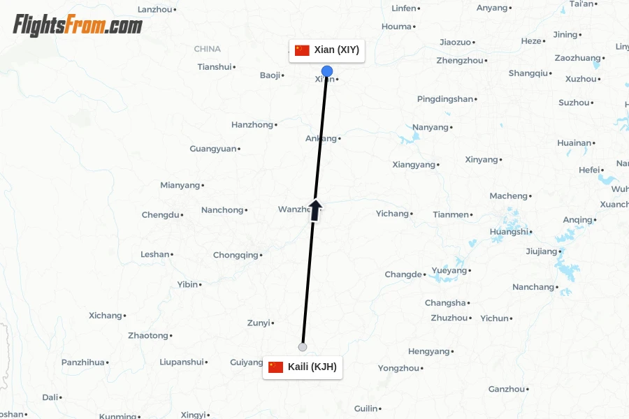 Flights from Kaili to Xian route map