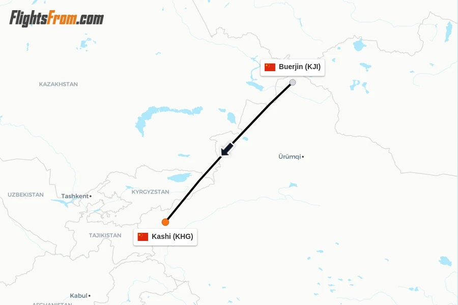 Flights from Buerjin to Kashi route map