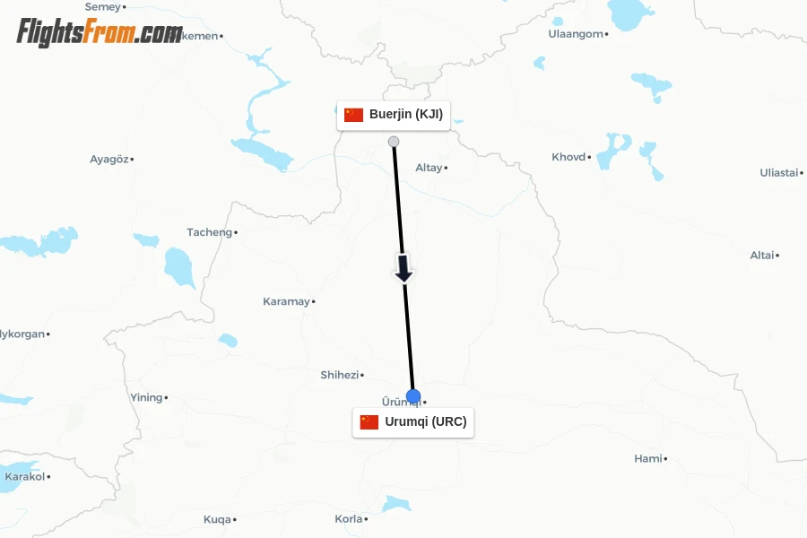 Flights from Buerjin to Urumqi route map