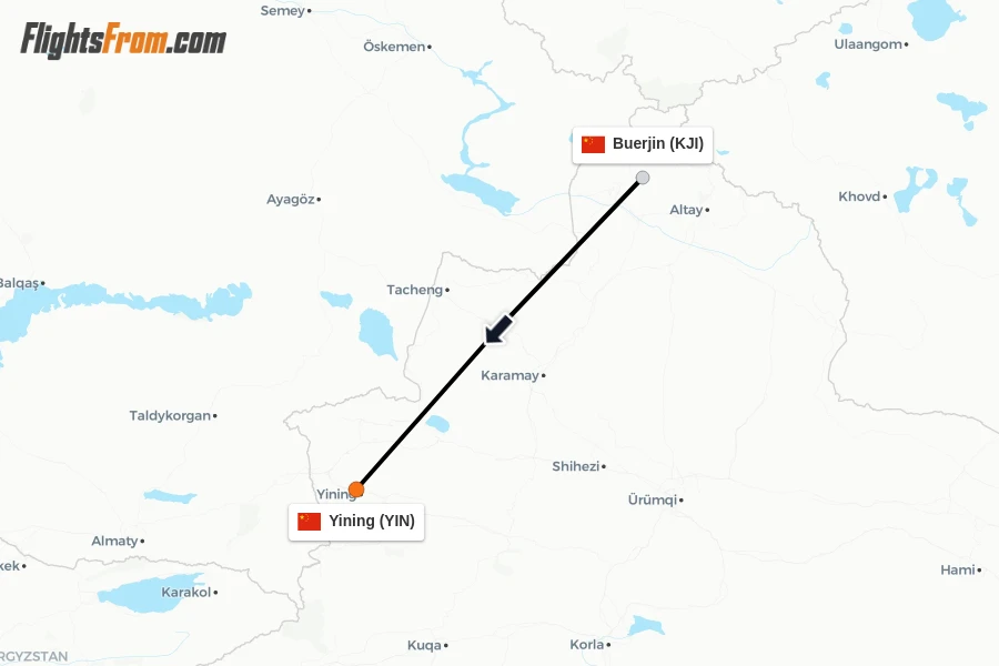Flights from Buerjin to Yining route map