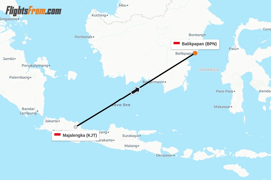 Flights from Majalengka to Balikpapan route map