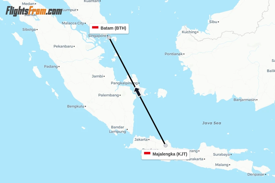 Flights from Majalengka to Batam route map