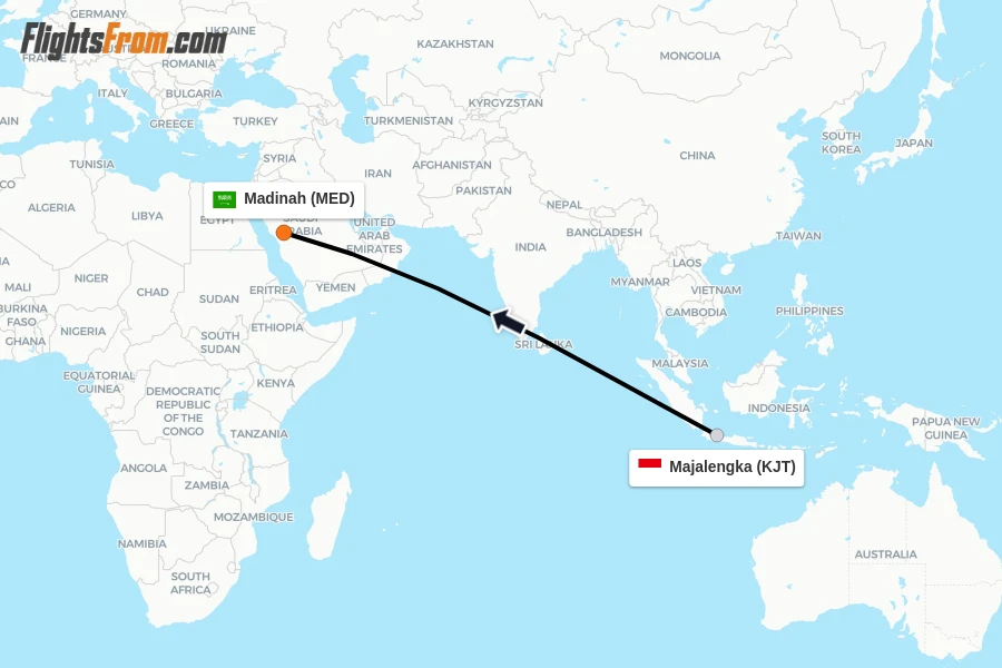 Flights from Majalengka to Madinah route map